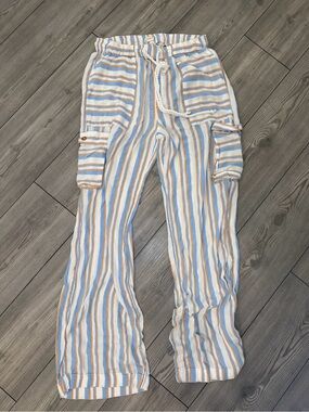 Roxy Striped Wide-Leg Cargo Pants in Blue, Tan, and White Size Small